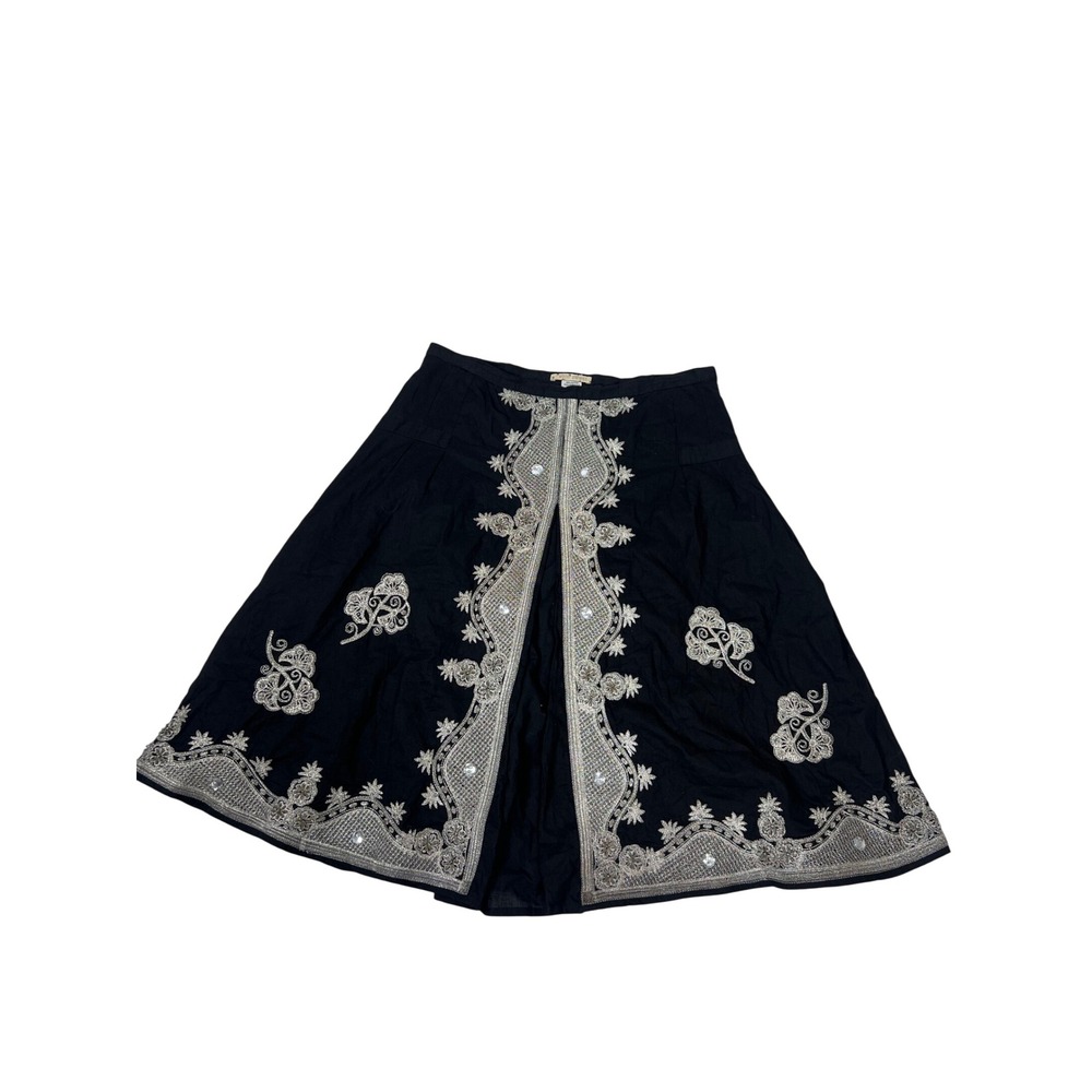 Rose Dimple Black Cotton Embroidered Beaded Midi Skirt Silver Boho Womens M